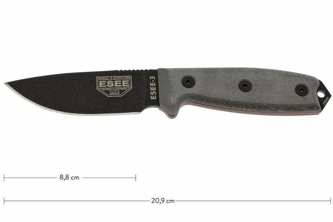 ESEE Model 3 Black Blade, Grey Handle 3P-MB-B With Sheath + Clip And MOLLE-back 1 ESEE Model 3 Black Blade, Grey Handle 3P-MB-B With Sheath + Clip And MOLLE-back