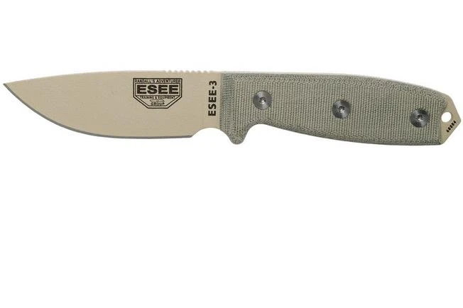 ESEE Model 3 Desert Tan Blade, Grey Handle 3P-MB-DT With Sheath + Clip And MOLLE-back 1 ESEE Model 3 Desert Tan Blade, Grey Handle 3P-MB-DT With Sheath + Clip And MOLLE-back