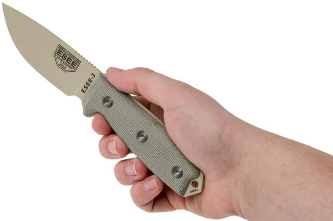 ESEE Model 3 Desert Tan Blade, Grey Handle 3P-MB-DT With Sheath + Clip And MOLLE-back 6 ESEE Model 3 Desert Tan Blade, Grey Handle 3P-MB-DT With Sheath + Clip And MOLLE-back - Image 6